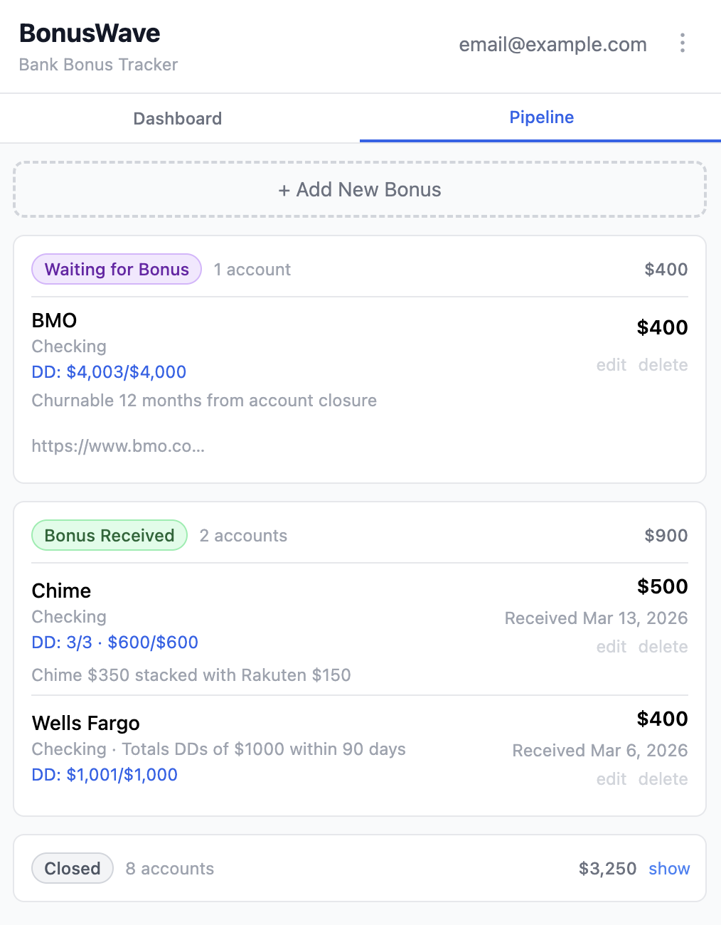 Pipeline view showing accounts in different stages