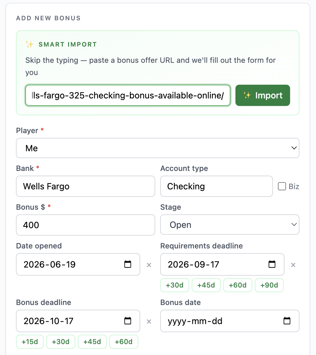 Smart Import: paste a bonus offer URL and the add-bonus form fills in automatically